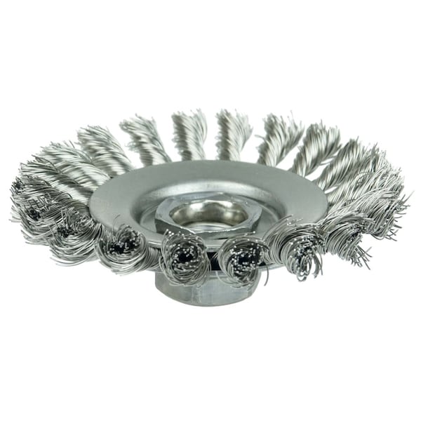 Weiler Knot Wire Bevel Brush 4" .014" Stainless Steel Fill 5/8"-11 UNC Nut 13416 - main